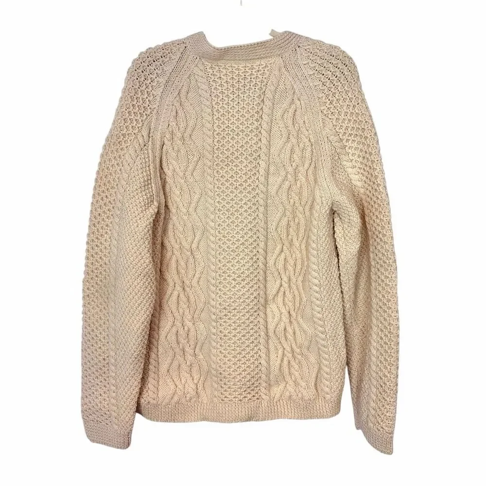 Vintage Handmade Wool Sweater Womens Large Cream Cable Knit Cardigan V-Neck